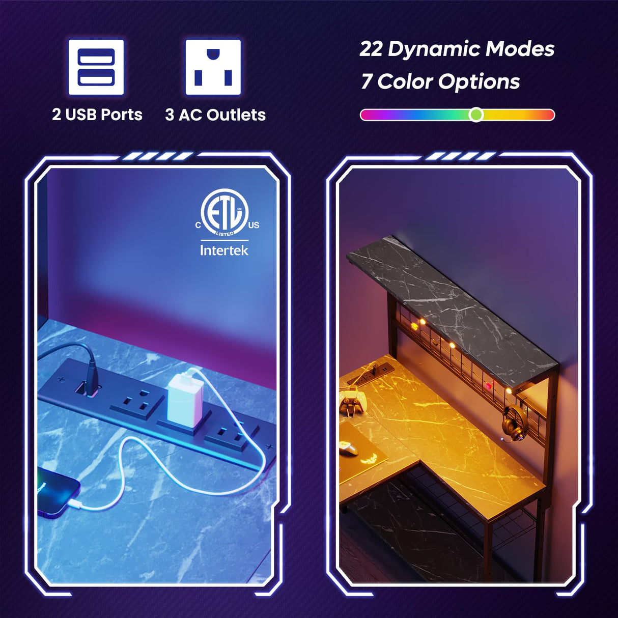 Bestier 42 L Gaming Desk,Computer Desk with Power Outlets, LED Lights, Reversible Corner Desk with 4-Tier Shelves,Cup Holder & Hook Black Marble Bestier