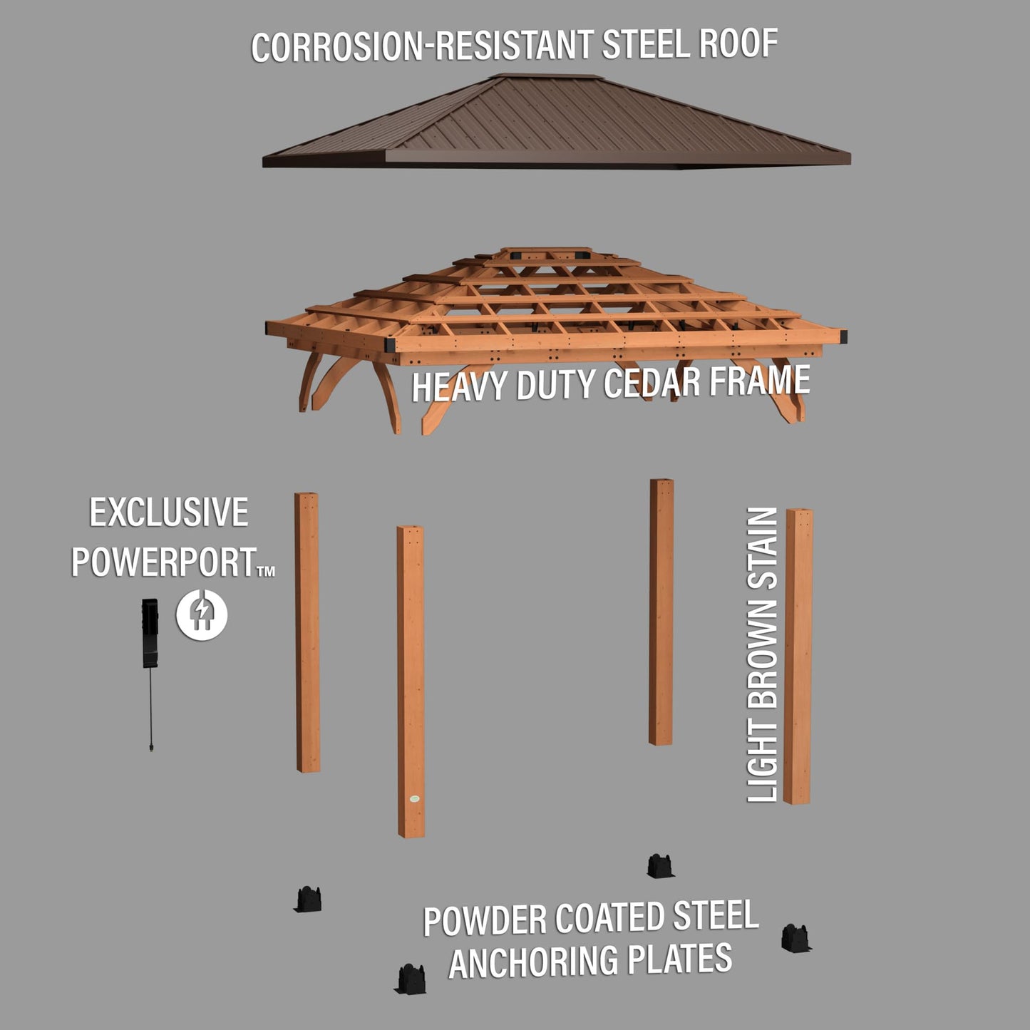 Backyard Discovery Barrington 12 ft. x 10 ft. Hip Roof Cedar Wood Gazebo Pavilion, Shade, Rain, Hard Top Steel Metal Roof, All Weather Protected, Wind Resistant up to 100 mph, Holds up to 645 - WoodArtSupply