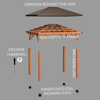 Backyard Discovery Barrington 12 ft. x 10 ft. Hip Roof Cedar Wood Gazebo Pavilion, Shade, Rain, Hard Top Steel Metal Roof, All Weather Protected, Wind Resistant up to 100 mph, Holds up to 645 - WoodArtSupply