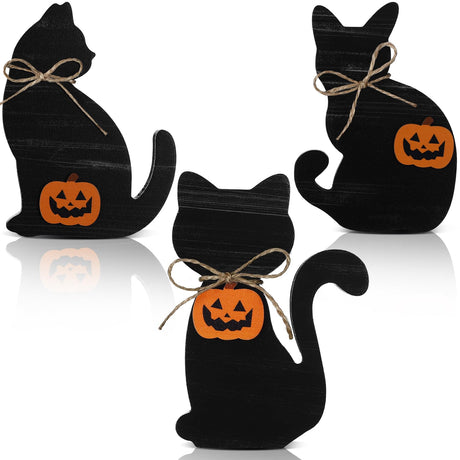 Redbaker 3 Pieces Halloween Black Cat Wooden Table Sign Halloween Tiered Tray Decor Rustic Halloween Tabletop Block Sign Farmhouse Fall Centerpieces for Halloween Home Shelf Party Decor Redbaker