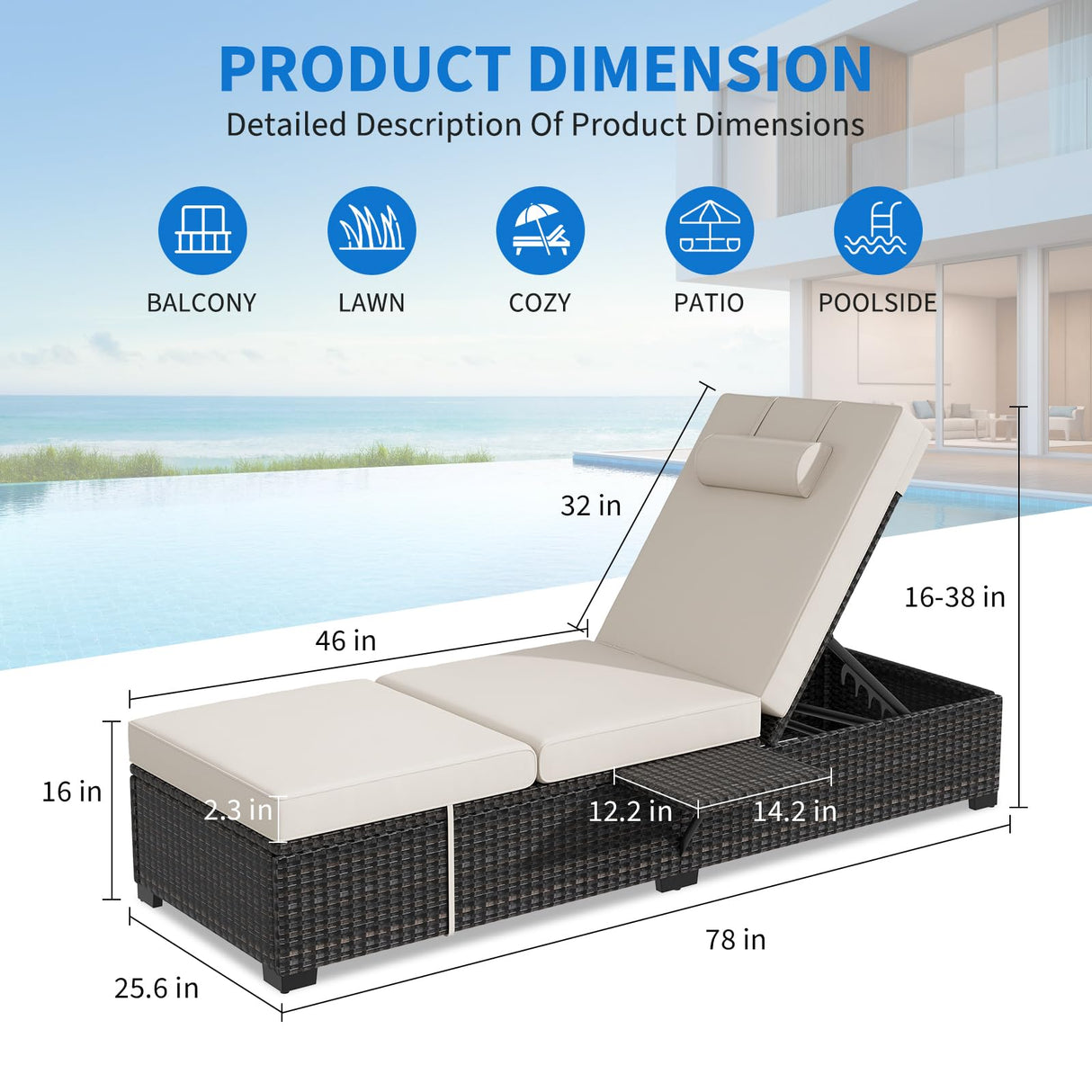 MilleLoom Outdoor Chaise Lounge Chairs for Outside Patio Furniture Set of 2 Wicker Recliner Gray Rattan Reclining Pool Sunbathing Chair Adjustable Backrest Lounger with Beige Cushion MilleLoom