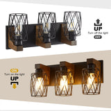 Farmhouse Bathroom Light Fixtures, Wood Bathroom Lighting Fixtures Over Mirror, 3-Light Vanity Light Fixture with Cage Metal Shade, Black Rustic Vanity Light for Bathroom, Hallway RVONOW