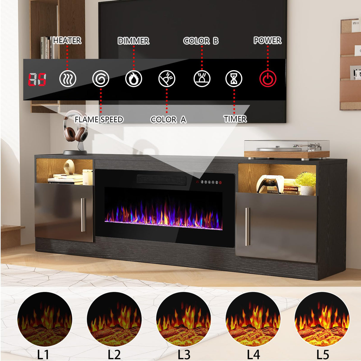 PRETZI Fireplace TV Stand with 36" Fireplace Up to 80" TVs,70" Entertainment Center with LED Lights,Remote Control,TV Media Console with Storage Cabinets for Living Room, Black PRETZI