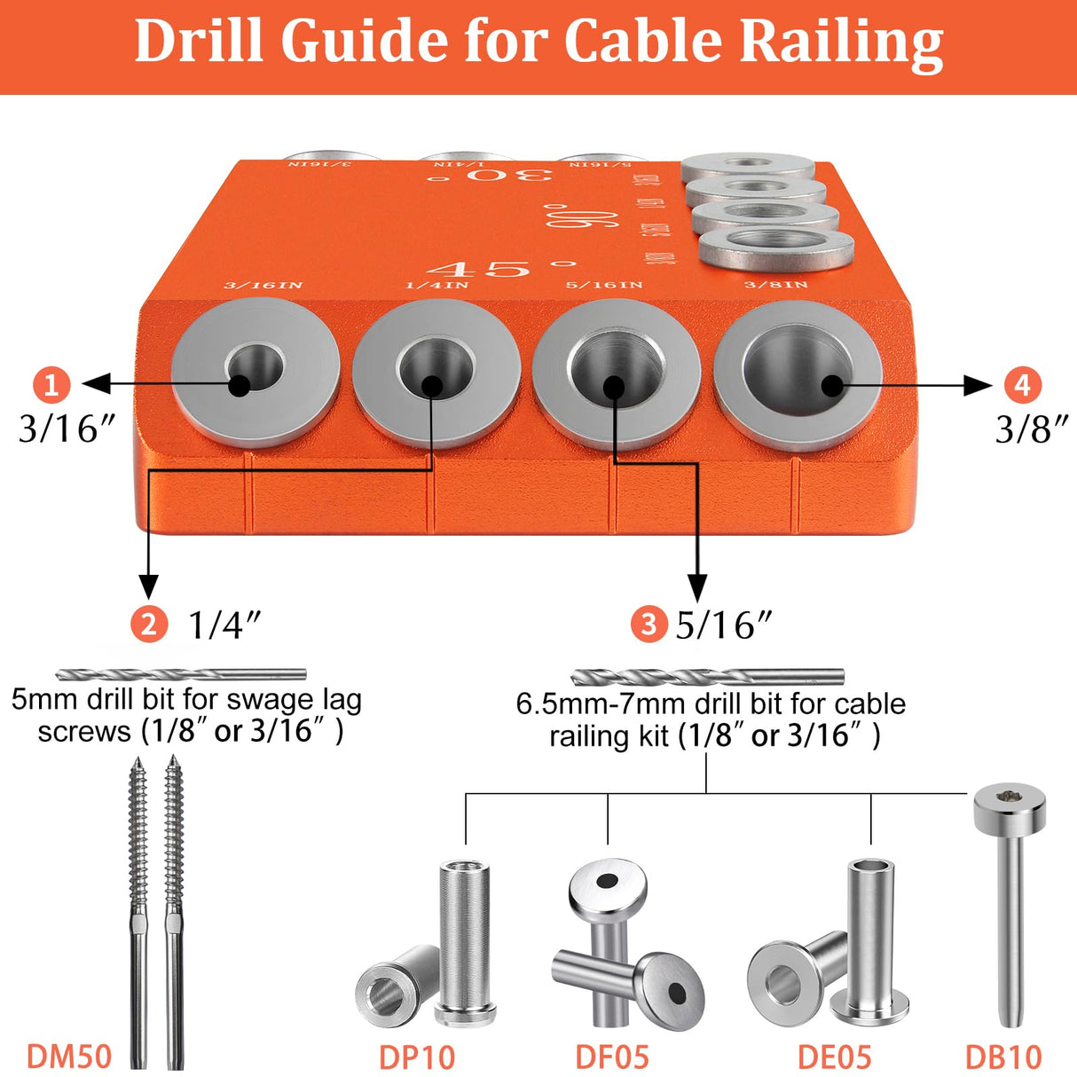 Steel DN Mate Aluminum Drill Guide, 30 45 90 Degree Angle 4 Sizes for Cable Railing Lag Screw Wood Post, Drill Hole Guide Jig for Angled/Straight Holes for Deck Cable Stair Handrail DG12 Steel DN Mate