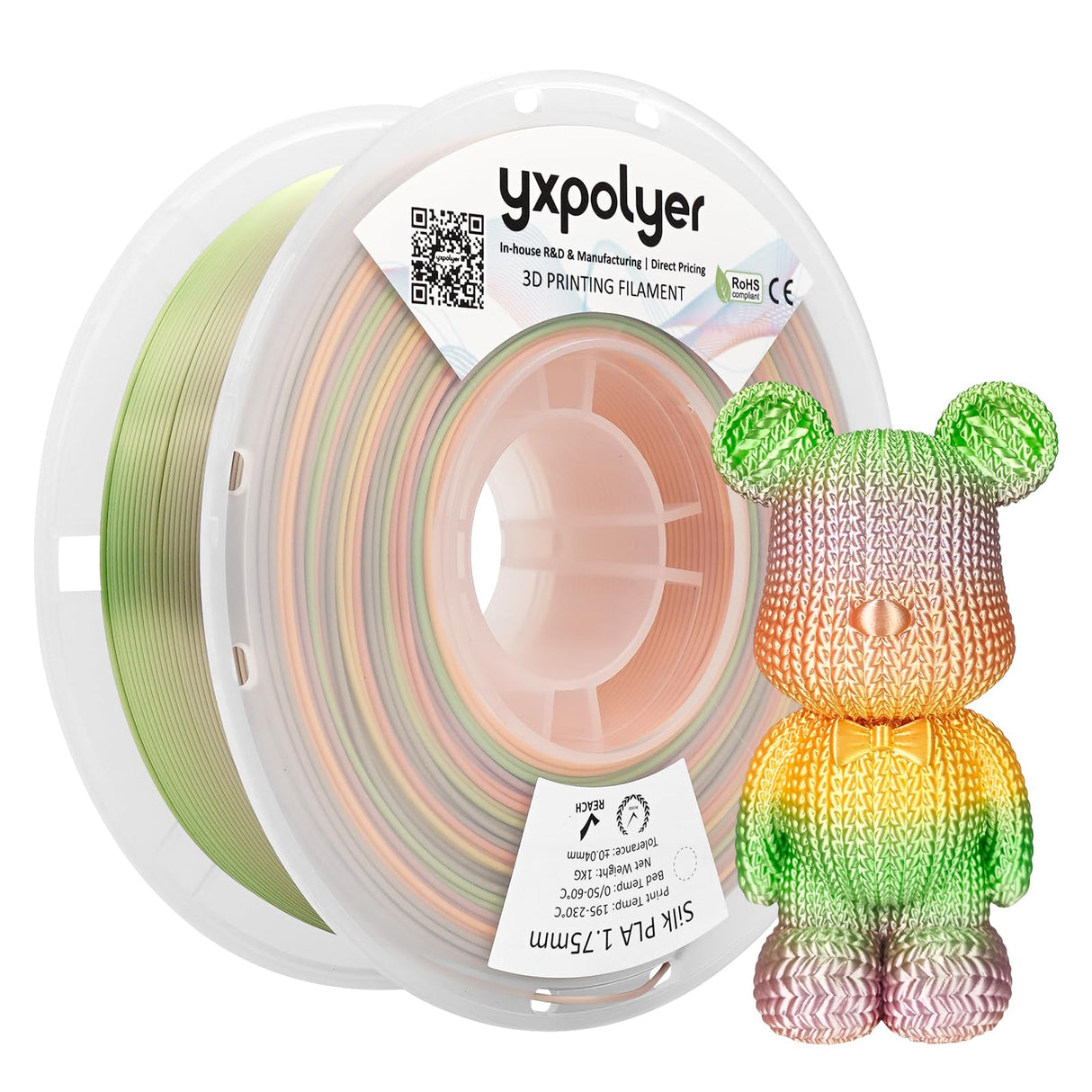 YXPOLYER PLA Filament Premium 4-Color Silk PLA 3D Printer Filament 1.75mm 1kg, Multicolor Mini Rainbow, Gold, Green, Purple, Bronze yxpolyer