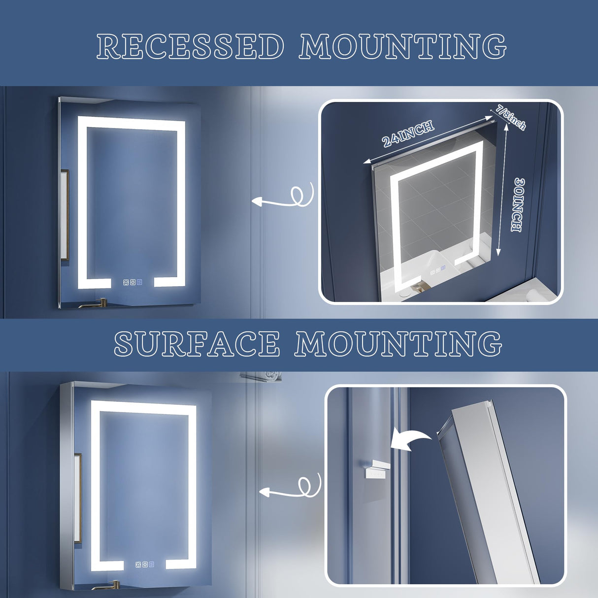 ExBrite LED Lighted Bathroom Medicine Cabinet with Mirror, 24 x 30 Inch, Recessed or Surface Mount, Anti-Fog, Stepless Dimming, Color Temperature Adjustment, 2 Outlets, Storage Shelves, Right Hinge ExBrite