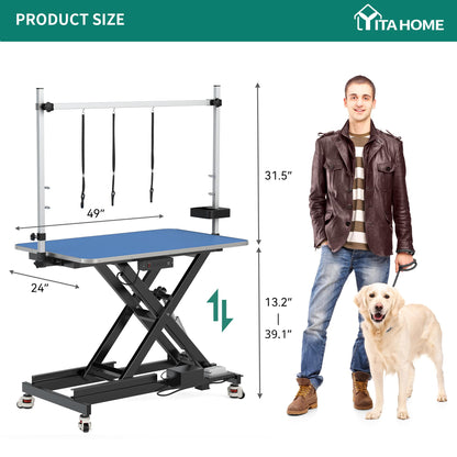 YITAHOME 49" Professional Electric Dog Grooming Table w/Leveling Wheels Heavy Duty Pet Grooming Table for Dogs at Home, w/Aluminum Large Dog Grooming Station, Anti Slip Tabletop & Tool Organi - WoodArtSupply