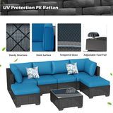U-MAX 7 Piece Outdoor Patio Furniture Set, PE Rattan Outdoor Wicker Sectional Furniture Chair Set with Cushions and Tea Table, Black Rattan and Peacock Blue Cushion U-MAX