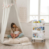 YASONIC Metal 3 Tier Rolling Cart - Heavy Duty Utility Cart with Lockable Wheels, Hanging Cups, Hooks, Mesh Rolling Storage Cart Craft Cart Organizer, Lightweight and Sturdy, White YASONIC