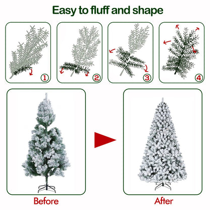 Hykolity 7.5 ft Snow Flocked Christmas Tree, Artificial Christmas Tree with Pine Cones, 500 Warm White Lights, 1446 Tips, Metal Stand and Hinged Branches