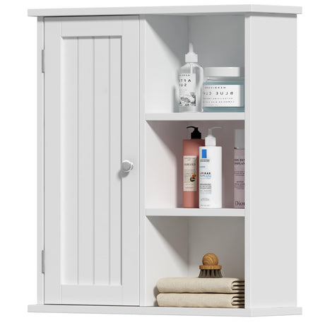 Treocho Bathroom Wall Cabinet, Medicine Cabinet with Door and 3 Open Shelves, Wall Mounted Storage Organizer for Bathroom, Kitchen, Living Room, White Treocho