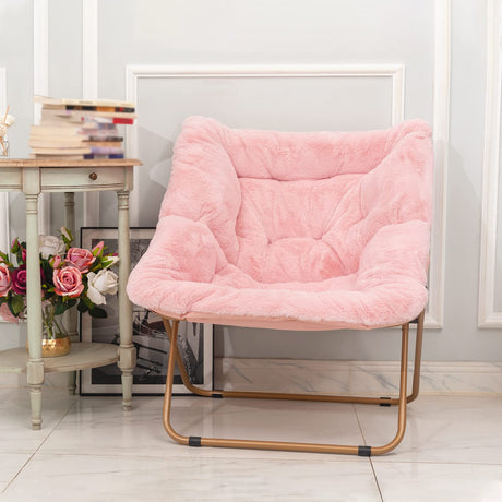 Tiita Comfy Folded Chair, Soft Faux Fur Oversized Folding Accent Chair, Lounge Lazy Chair for Kids Teens Adults, Metal Frame Moon Chair for Bedroom, Living Room, Dorm Rooms, X-Large Pink Tiita