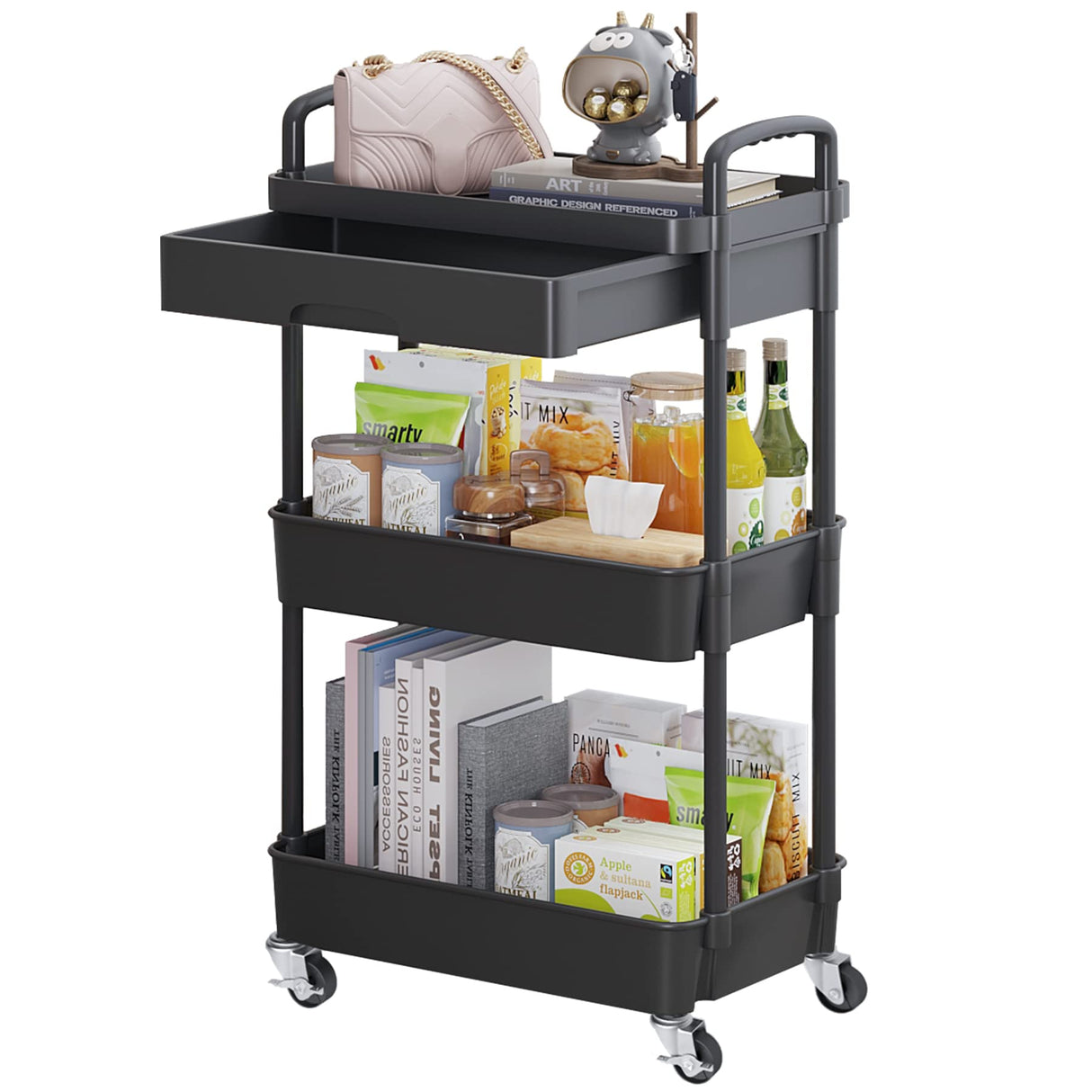 Calmootey 3-Tier Rolling Utility Cart with Drawer,Multifunctional Storage Organizer with Plastic Shelf & Metal Wheels,Storage Cart for Kitchen,Bathroom,Living Room,Office,Black Calmootey