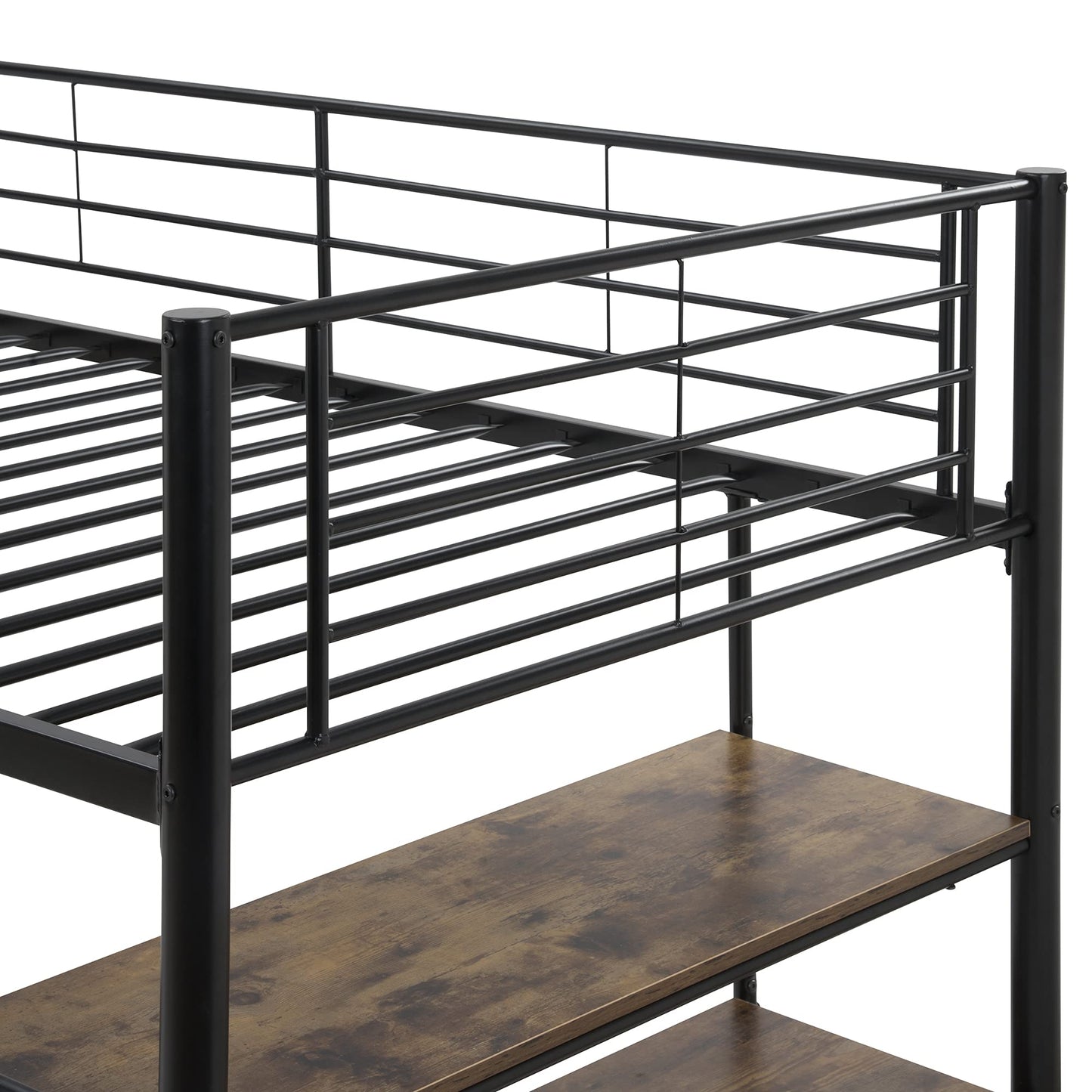 Harper & Bright Designs Low Loft Bed with Desk, Twin Size Metal Loft Bed Frame with Storage Shelves for Kids (Twin Size, Black)