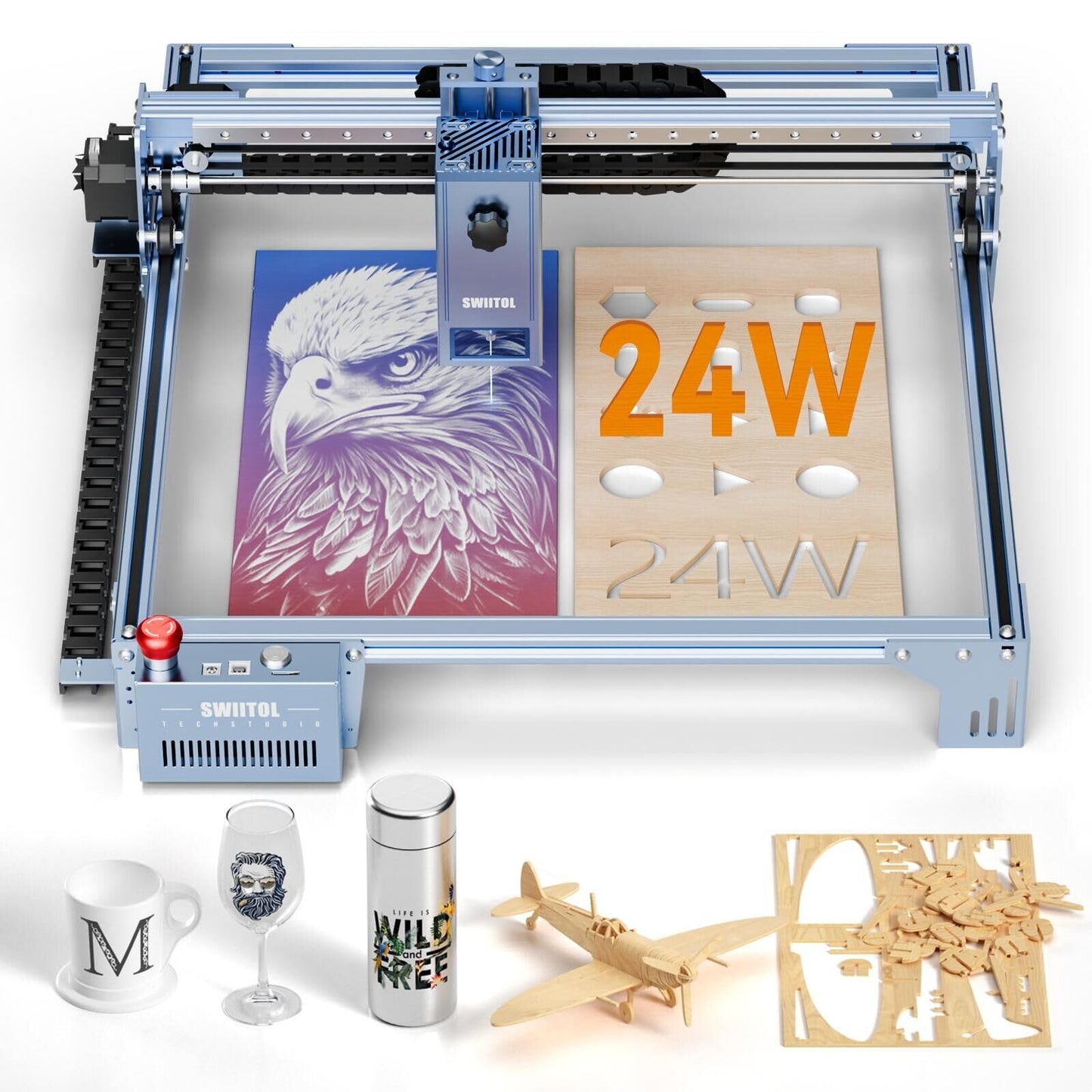 Laser Engraver 24W Laser Cutter High-Power 30000mm/min 0.01mm High Accuracy, CNC Laser Engraving Cutting Machine with Emergency Stop Button for Metal,Wood,Acrylic,Leather C24 Pro - WoodArtSupply