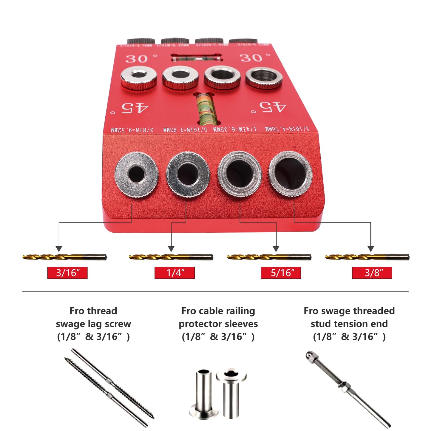 DIRAEEN 30 45 90 Angle Drill Guide Jig with 4 Drill Bits-Portable Drill Guide for Angled Holes and Straight Hole, All Metal Jig for Stairs Handrail, Cable Railing, Deck, Wood Post, Level desi - WoodArtSupply