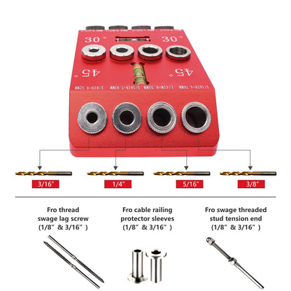 DIRAEEN 30 45 90 Angle Drill Guide Jig with 4 Drill Bits-Portable Drill Guide for Angled Holes and Straight Hole, All Metal Jig for Stairs Handrail, Cable Railing, Deck, Wood Post, Level desi - WoodArtSupply