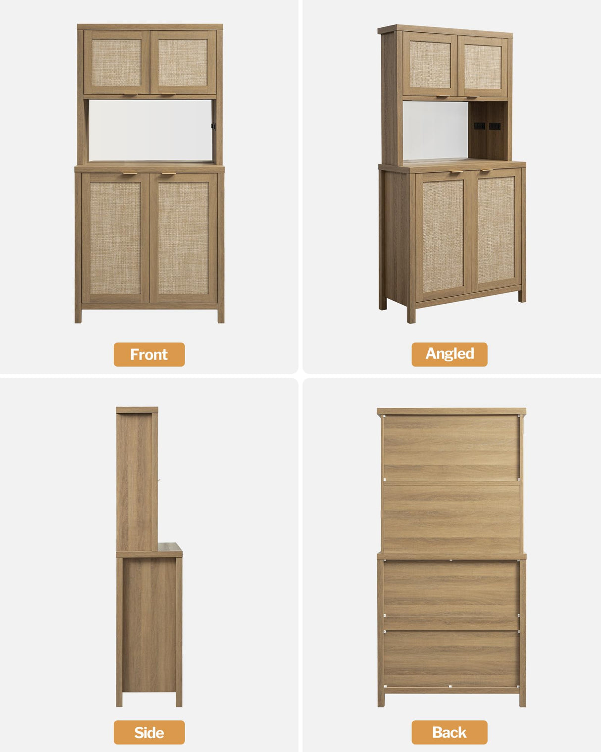 SICOTAS Rattan Pantry Kitchen Storage Cabinet: Tall Pantry Cabinet with Rattan Door, Steel Mirror, Power Outlet, Boho Large Freestanding Cupboard Wood Cabinet for Kitchen, Dining Room, Natural Oak SICOTAS