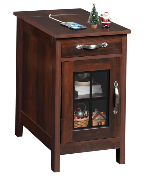 WLIVE End Table with Charging Station, Narrow Side Table for Living Room, Farmhouse Night Stand with Storage, Small Wooden Cabinet Nightstand with USB Ports and Outlets, 23.7" D x 13.78" W x 23.7" H WLIVE