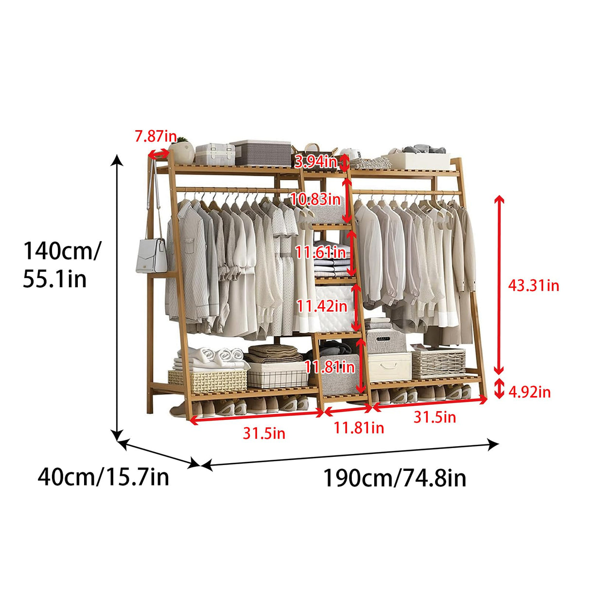 Baveke Bamboo Garment Rack 9 Tier Storage Shelf Coat Clothes Hanging Rack, Portable Wardrobe Closet Organizer With Top Shelf, Shoe Storage Shelves for Bedroom (Natural - 74.8 in) Baveke