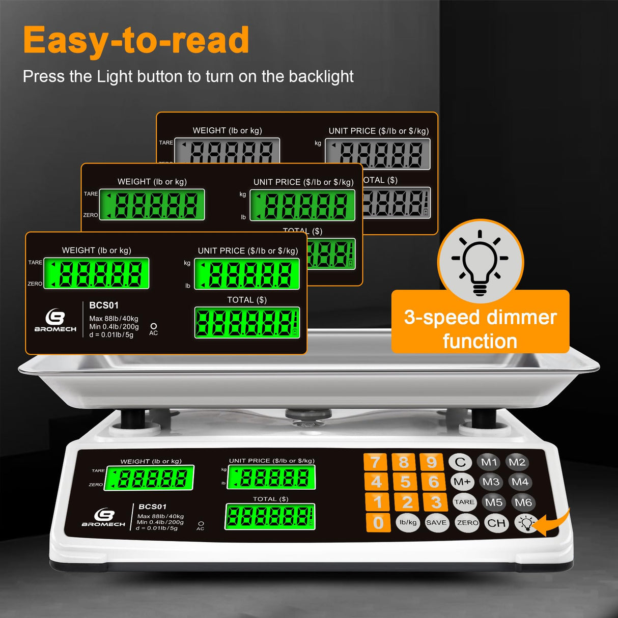 Price Computing Scale 88lb/40kg Commercial Food Scale for Produce Meat with Stainless Steel Large Platform, LCD Display, and Green Bright Backlight for Farmers Markets, Deli, （Not for Trade） BROMECH