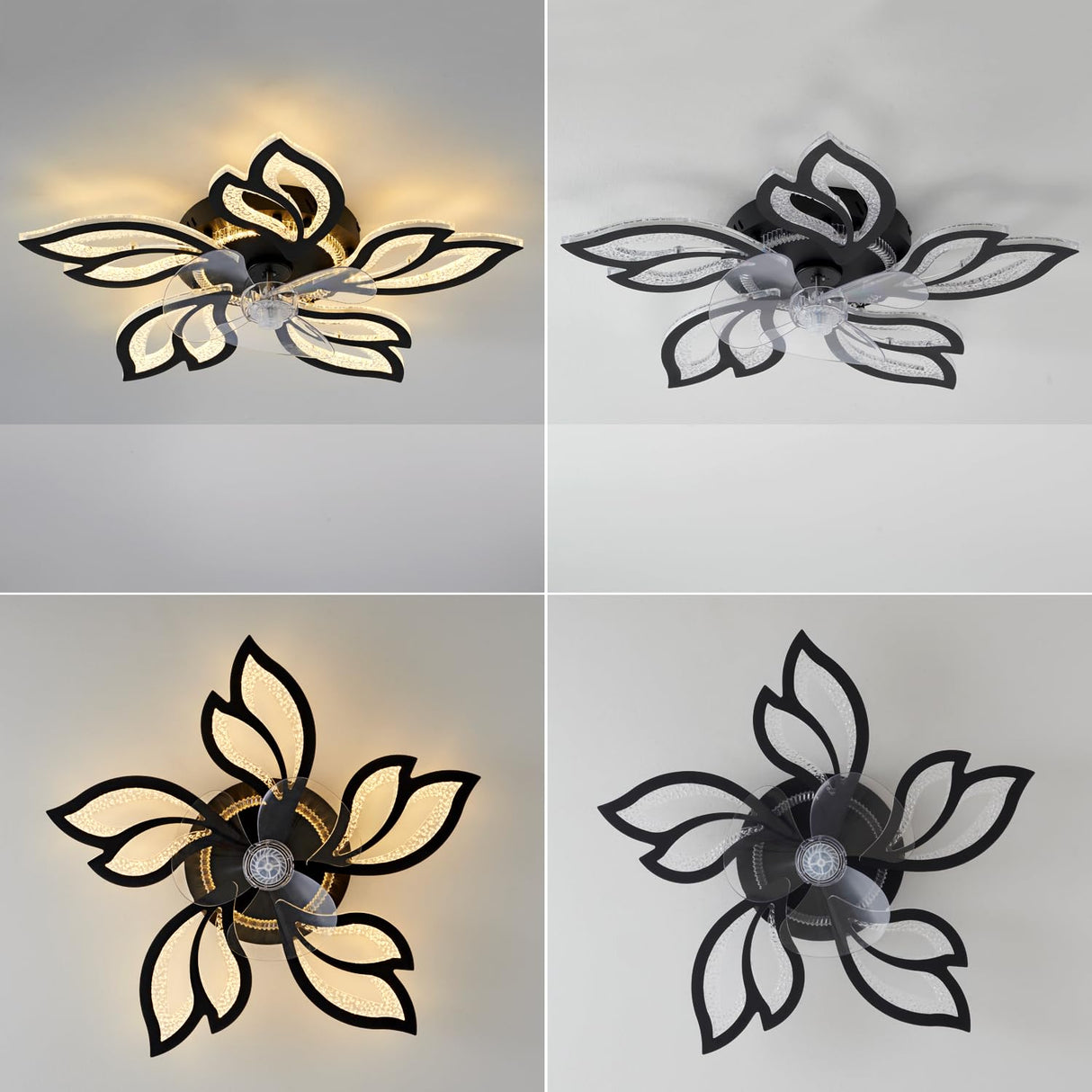 haodengshi 25" Ceiling Fan with Lights and Remote Control, Black Geometric Ceiling Fan with Lights, 3 Light Color 6 Speeds Flush Mount Low Profile Ceiling Fan for Bedroom Kitchen haodengshi
