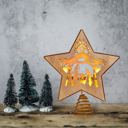 GHOSTMAGIC Nativity Christmas Tree Star Topper Lighted, 3D Wooden Nativity Scene Star for Christmas Tree, Nativity Set Christmas Tree Decorations, LED Xmas Decor Ornaments for Indoor (Nativity)