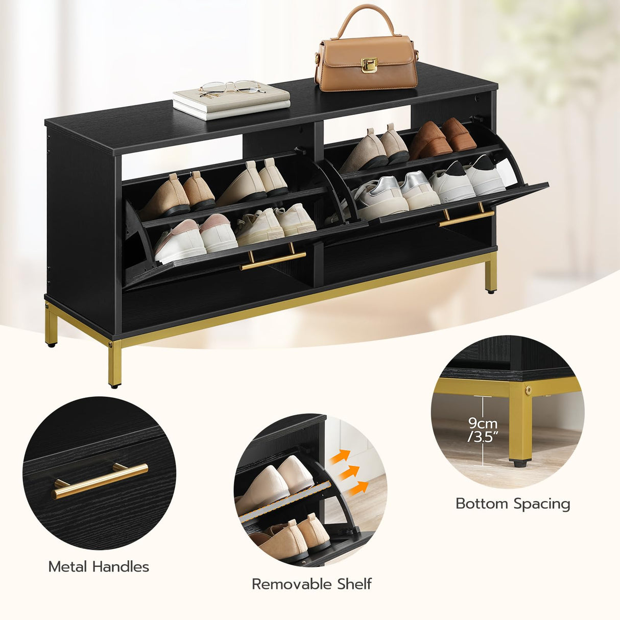 HOOBRO Shoe Bench with Storage, Shoe Storage Bench with 2 Flip Drawers, 39.4" Shoe Cabinet with Bench, Hidden Shoe Rack Organizer for Entryway, Foyer, Hallway, Mudroom, Black and Gold DB48HX01 HOOBRO