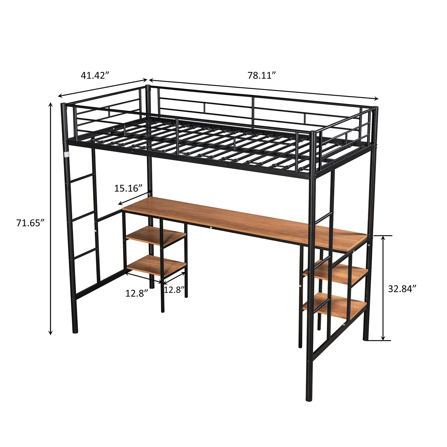 UOCFYK Twin Size Loft Bed with Desk and Shelves, Heavy Duty Metal with Built-in 2 Side Ladders & Safety Guardrail for Kids, Teen, Adults, Save Space & No Box Spring Needed, Black