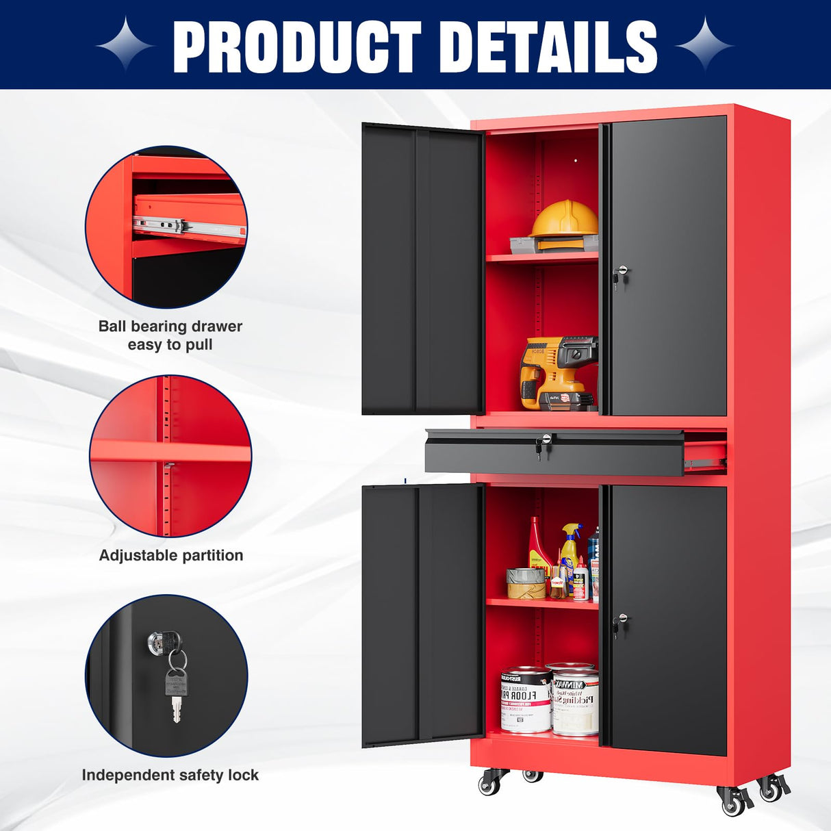 Yizosh Metal Garage Storage Cabinet with Locking Doors and Adjustable Shelves, Rolling Tool Storage Cabinet with 4 Wheels and 1 Drawer - 73" Steel Locking Cabinet for Garage, Warehouse (Red Black) Yizosh
