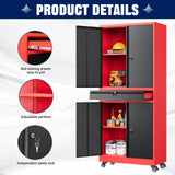 Yizosh Metal Garage Storage Cabinet with Locking Doors and Adjustable Shelves, Rolling Tool Storage Cabinet with 4 Wheels and 1 Drawer - 73" Steel Locking Cabinet for Garage, Warehouse (Red Black) Yizosh
