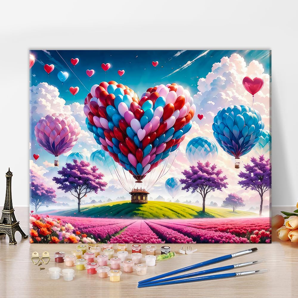 Romantic Paint by Numbers Kit for Adults Heart-Shaped Balloon and Pink Clouds and Flower Fields Paint by Number with Brushes and Pigment, Tarot Banner Oil Painting, 16x20 Inch TUMOVO
