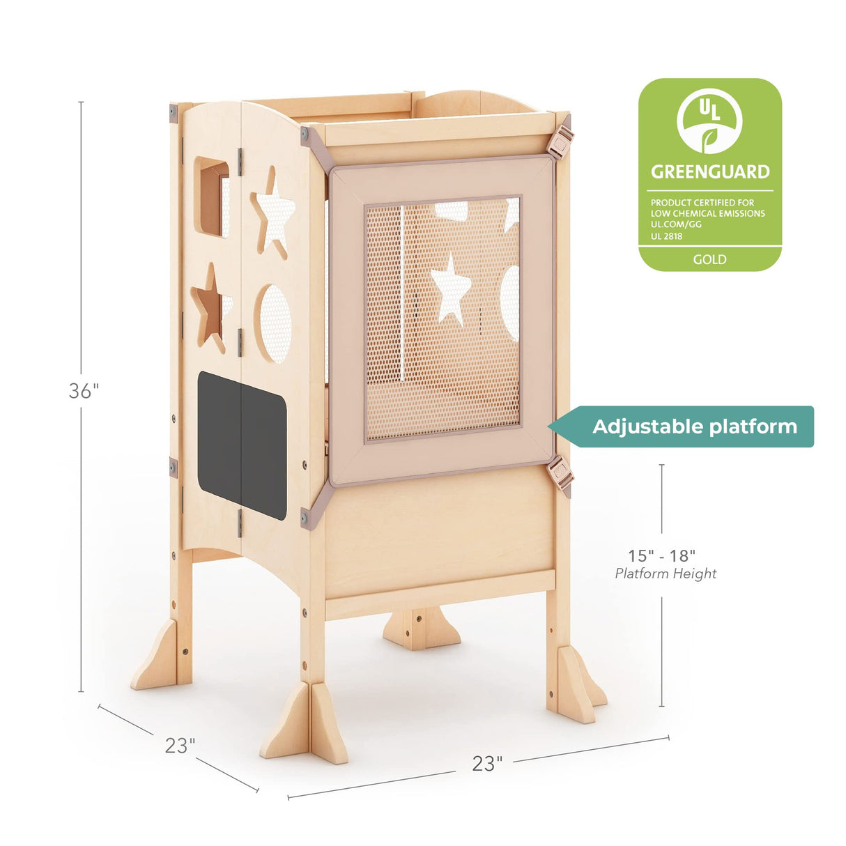 Guidecraft Classic Kitchen Helper® Toddler Tower and 2 Keepers - Natural: Folding Wooden Adjustable Height Platform, Kitchen Montessori Learning Step Stool, Chalkboard, Supports Up to 125lbs Guidecraft