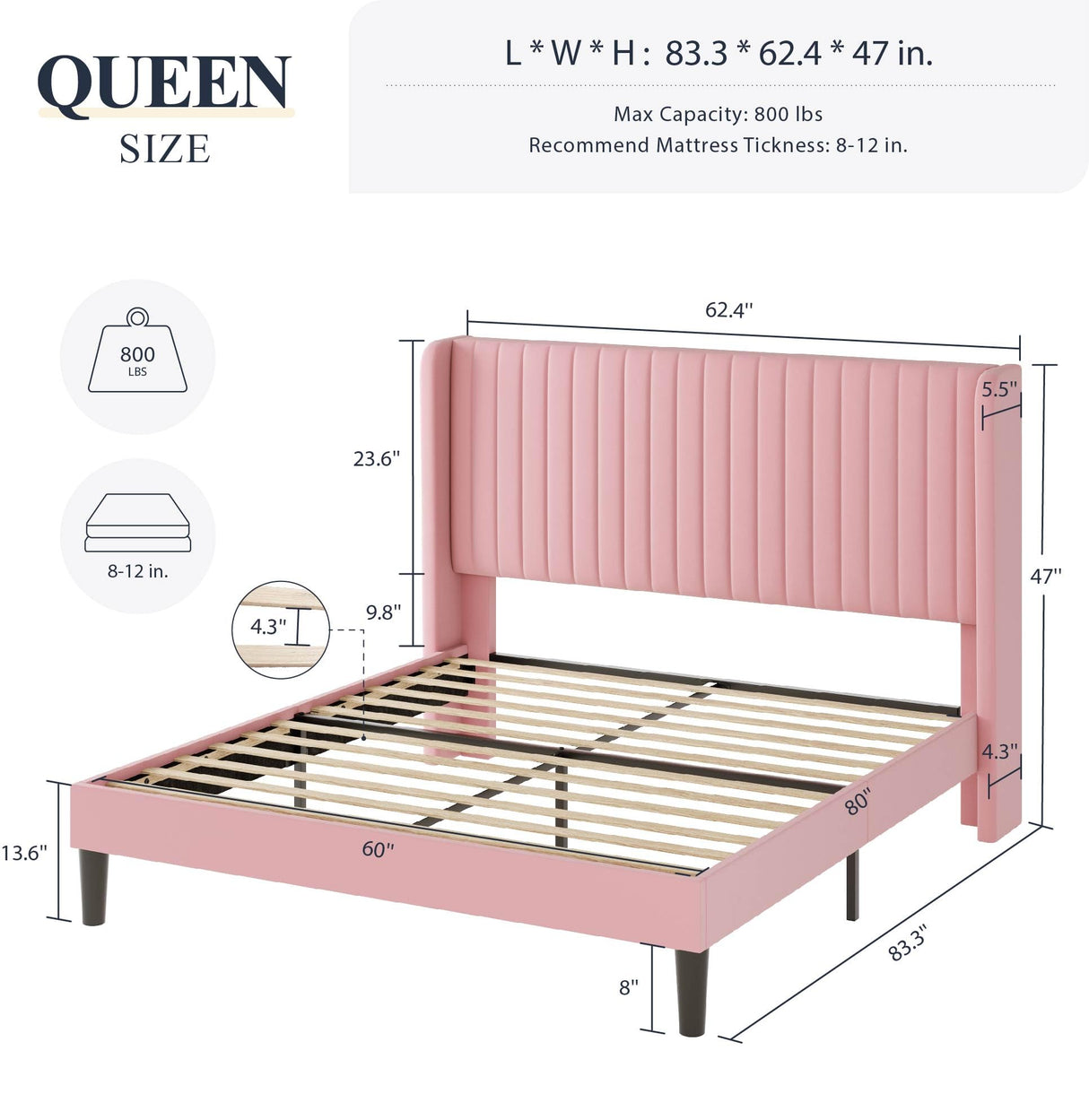 Allewie Queen Size Velvet Bed Frame/Vertical Channel Tufted Wingback Headboard/Upholstered Platform Bed/Strong Wooden Slats/No Box Spring Needed/Easy Assembly/Pink Allewie