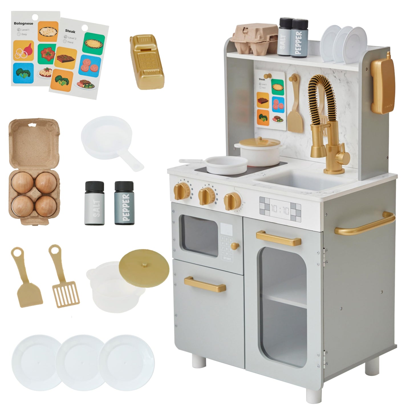 Teamson Kids Little Chef Memphis Small Wooden Play Kitchen with Interactive, Realistic Features, and 16 Kitchen Accessories - for 3yrs and up, Pretend Play House, Restaurant - Gray/Gold/Faux Marble