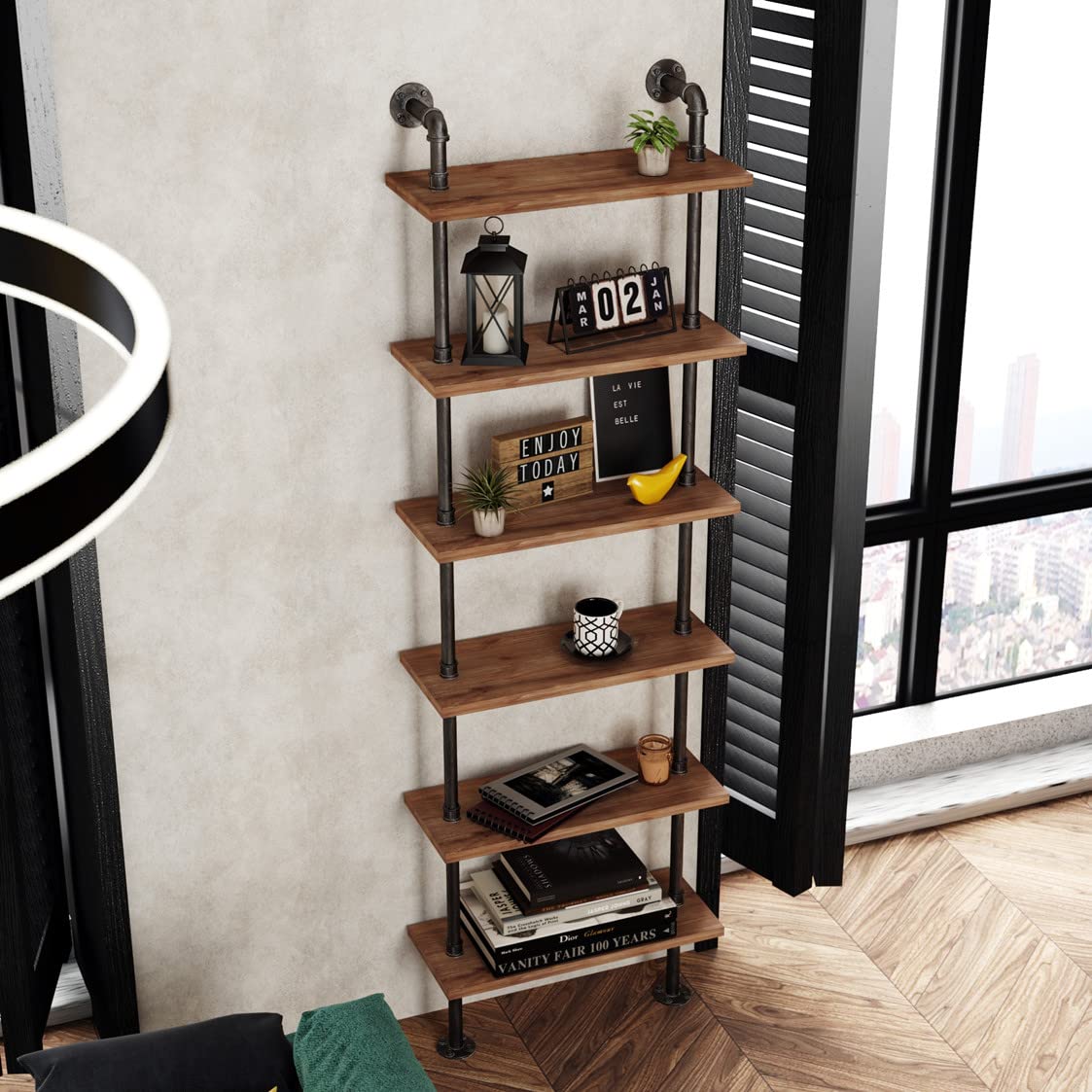 Industrial Pipe Bookshelves Rustic Wall Ladder Bookshelf Display Storage Stand Shelf Bookcase for Living Room, Kitchen, Office (6 Tier) TIEOU