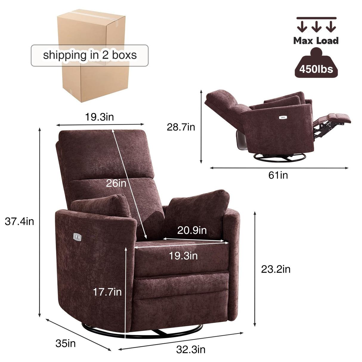 Power Swivel Glider Rocking Recliner,Electric Recliner Upholstered Nursery Chair Adult Rocking Chair with 2 Pillows for Living Room Bedroom(Coffee, Power-Driven) choairy