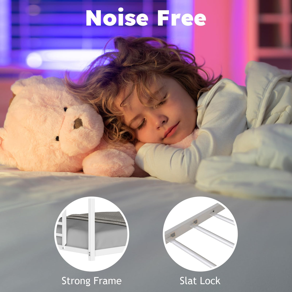 Zevemomo Twin Over Twin Bunk Bed, Metal Low Profile Bunkbeds with Full-Length Guardrail and Ladder, Space Saving, No Boxing Spring Needed, White Zevemomo