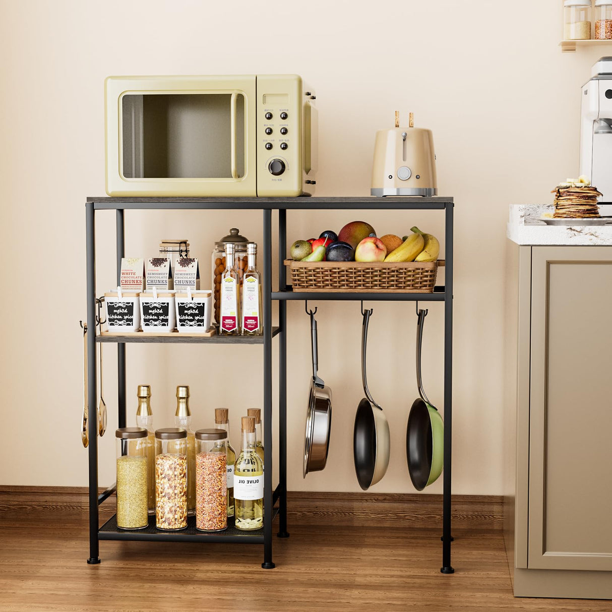 Consumest Bakers Rack with Storage - Microwave Stand and Coffee Bar Cabinet, Multifunctional Pan Organizer with 6 Hooks and 2 Shelves, Microwave Cart for Kitchen, Living Room, Grey&Black Consumest