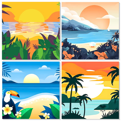 EOBROMD 4 Pack Framed Paint by Numbers Kits for Kids Ages 4-8-12 Landscape, Beach DIY Acrylic Paint by Number on Stretched Canvas, Painting Kits Adults Oil Numbers for Home Decor(8X8inch)