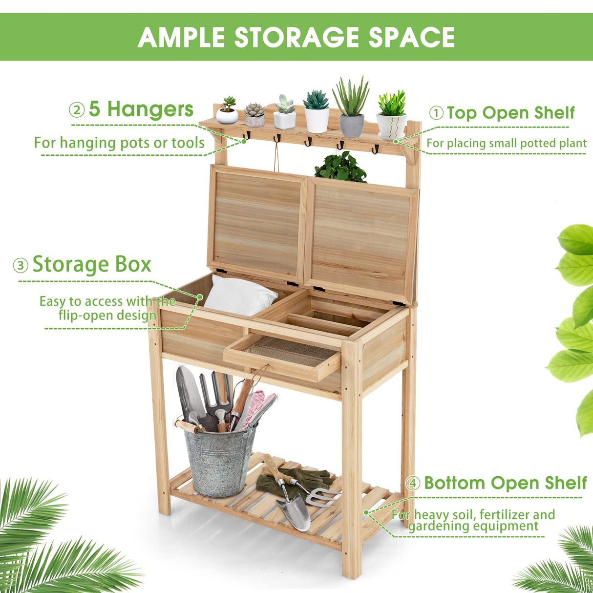 Giantex Potting Bench Outdoor Wooden Planting Table with Flip-open Galvanized Metal Tabletop, Planting Box, Open and Hidden Storage Space and 5 Hangers, Patio Gardening Station Giantex