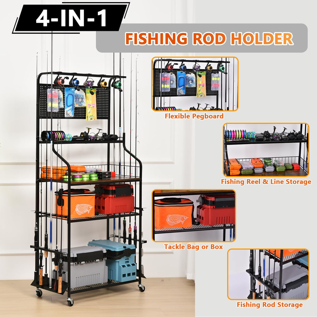 Lezbanz Upgraded Heavy Duty Fishing Rod Rack for Garage, Fishing Pole Holders for 12 Rods with Hooks and Pegboard, Fishing Cart with Reel Rack, Fishing Gear Holder Lezbanz