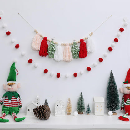 Christmas Tassel Garland Banner with Wood Beads and Pom Pom Garlands Wall Hanging Home Decor for Christmas