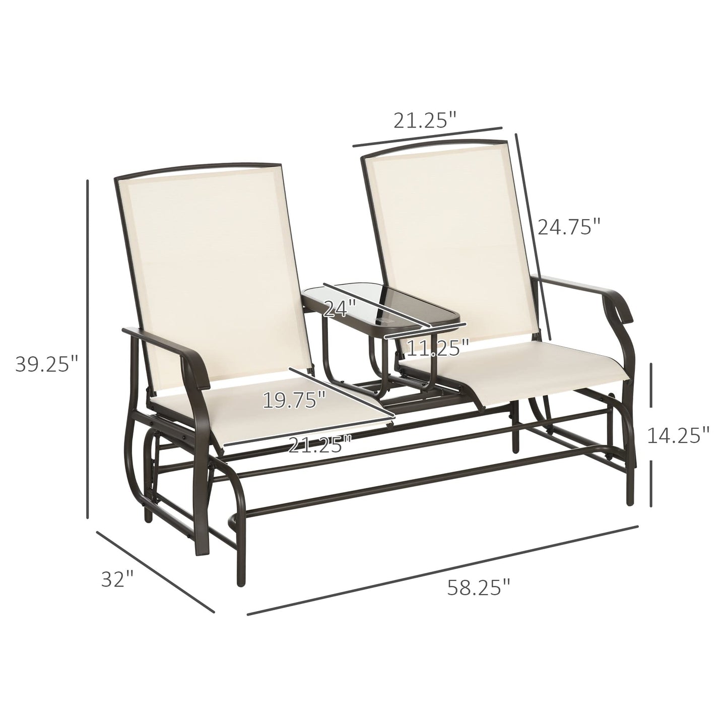 Outsunny Outdoor Glider Bench with Center Table, Metal Frame Patio Loveseat with Breathable Mesh Fabric and Armrests for Backyard Garden Porch, Beige - WoodArtSupply