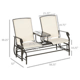 Outsunny Outdoor Glider Bench with Center Table, Metal Frame Patio Loveseat with Breathable Mesh Fabric and Armrests for Backyard Garden Porch, Beige Outsunny