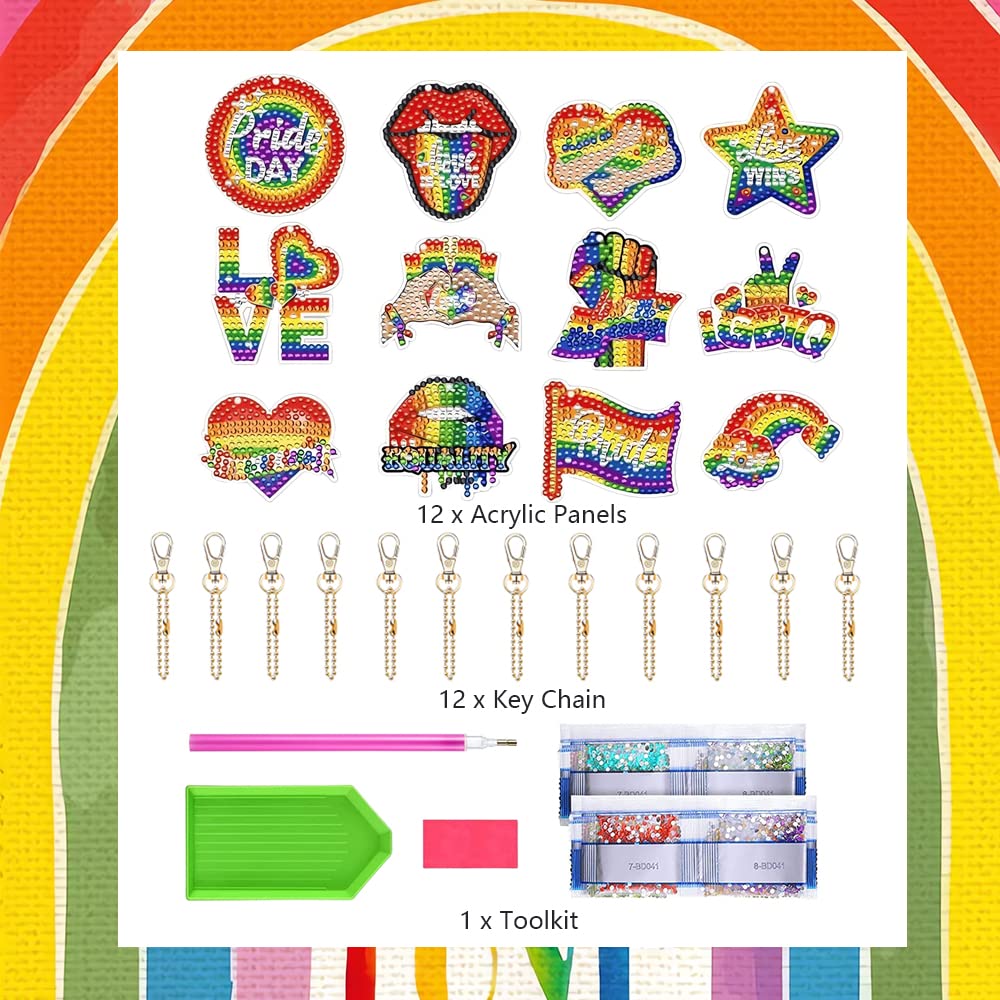 EVECILOO 12 Pieces Rainbow DIY Diamond Key Chain, 5D Diamond Art Ornaments, Pride Month Key Chains, Diamond Art Painting Ornaments with Tray Drill Pen for Gay Pride & LGBTQ Party Gift EVECILOO