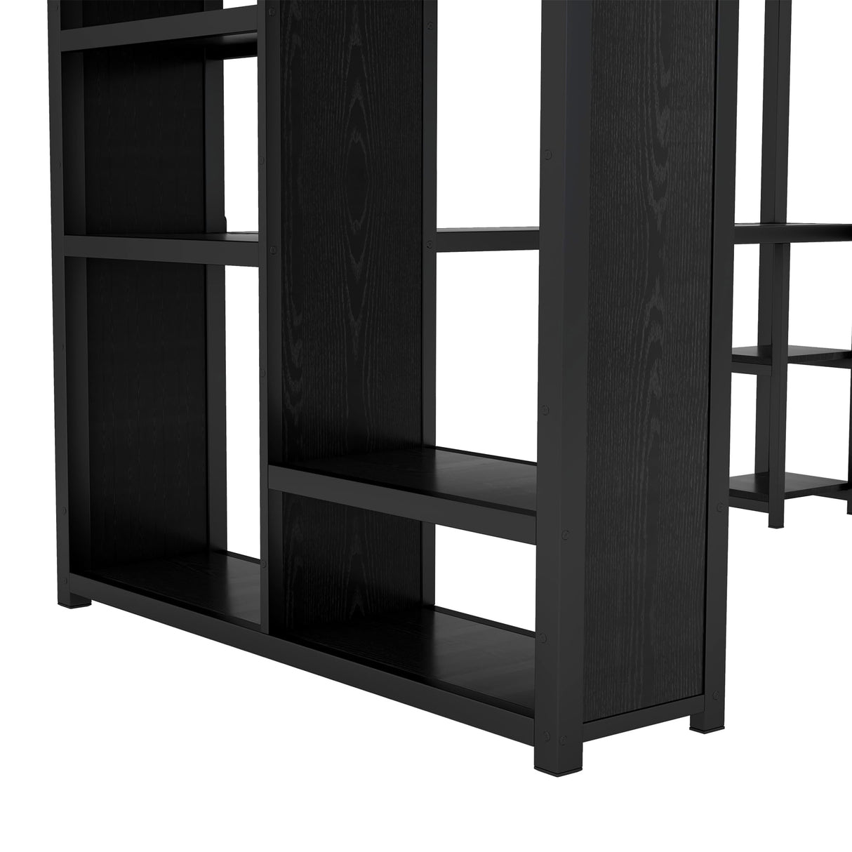 HZSMHDZKJ Queen Size Modern Loft Bed with Desk, Storage Shelves and Wardrobe, Metal Loft Bed Frame with Ladder and Full-Length Guardrail for Kids Teens Adults, No Box Spring Needed (Black-03, Queen) HZSMHDZKJ