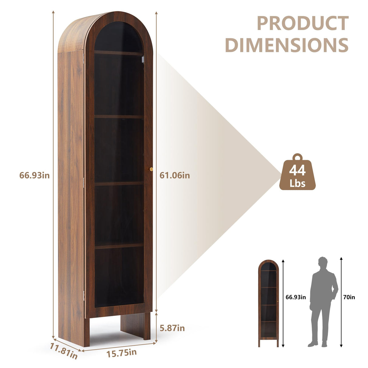 YUCHIATH 66.93" H Arched Bookcase, 5-Tier Arched Cabinet Bookcase with Adjustable Shelves, Accent Display Cabinet with Glass Door for Living Room, Reading Room and Bedroom (Walnut) YUCHIATH