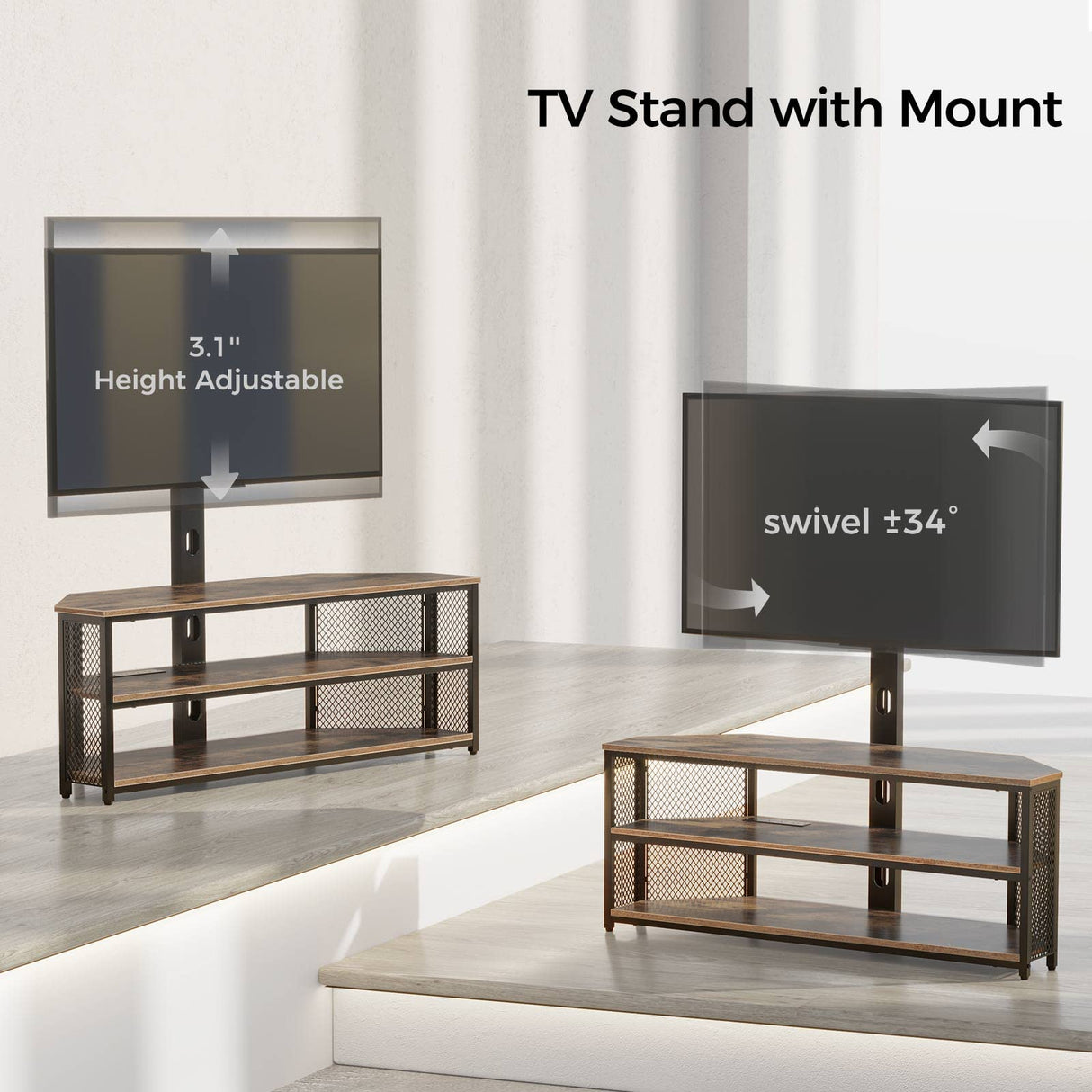 Rolanstar TV Stand with Mount and Power Outlet, Swivel TV Stand Mount with LED Lights for 32/45/55/60/65/70 inch TVs, Rustic Brown Entertainment Center Media Console with Height Adjustable Mount Rolanstar
