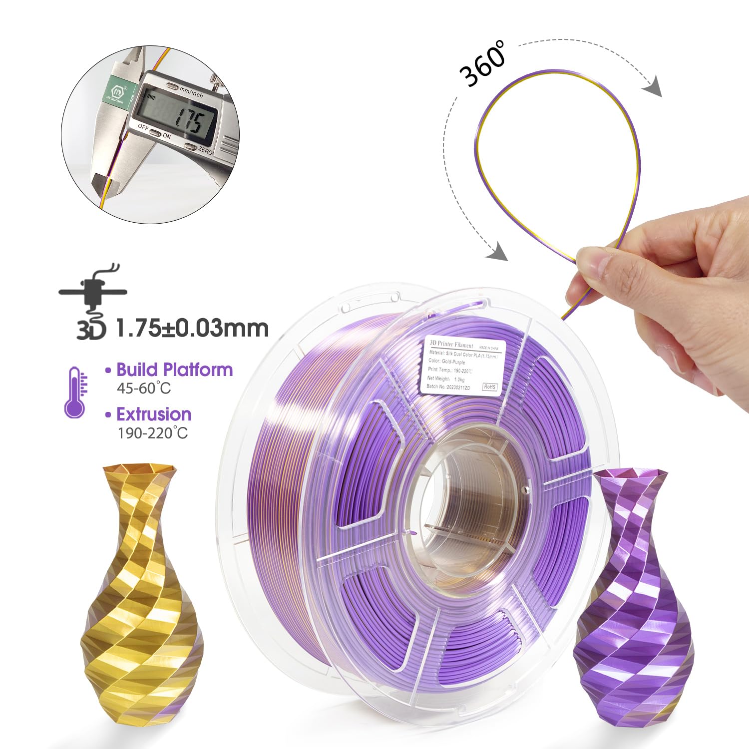 iSANMATE Dual Color Filament Silk PLA, 3D Printer Filament Silk Gold Purple, PLA Filament 1.75mm Rainbow Filament, 1 kg Spool - WoodArtSupply